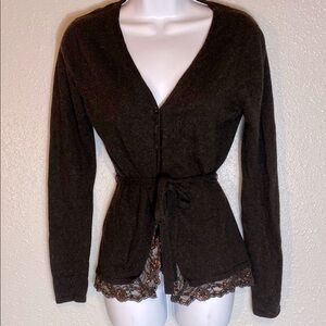 GRACE DAÑE LEWIS Chic Brown Cardigan with Lace Trim and Tie Belt